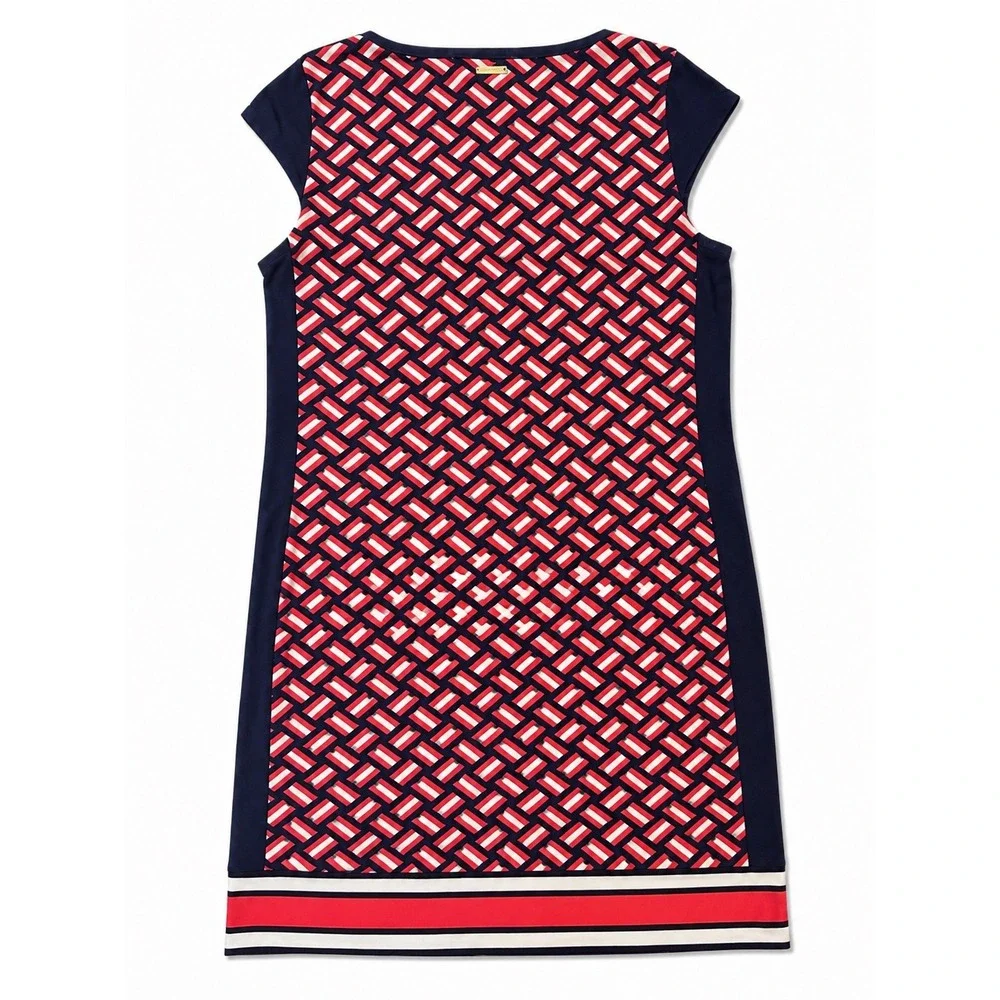 Michael Kors Women's Navy Red Geometric Link Print Cap Sleeve Sheath Dress Large